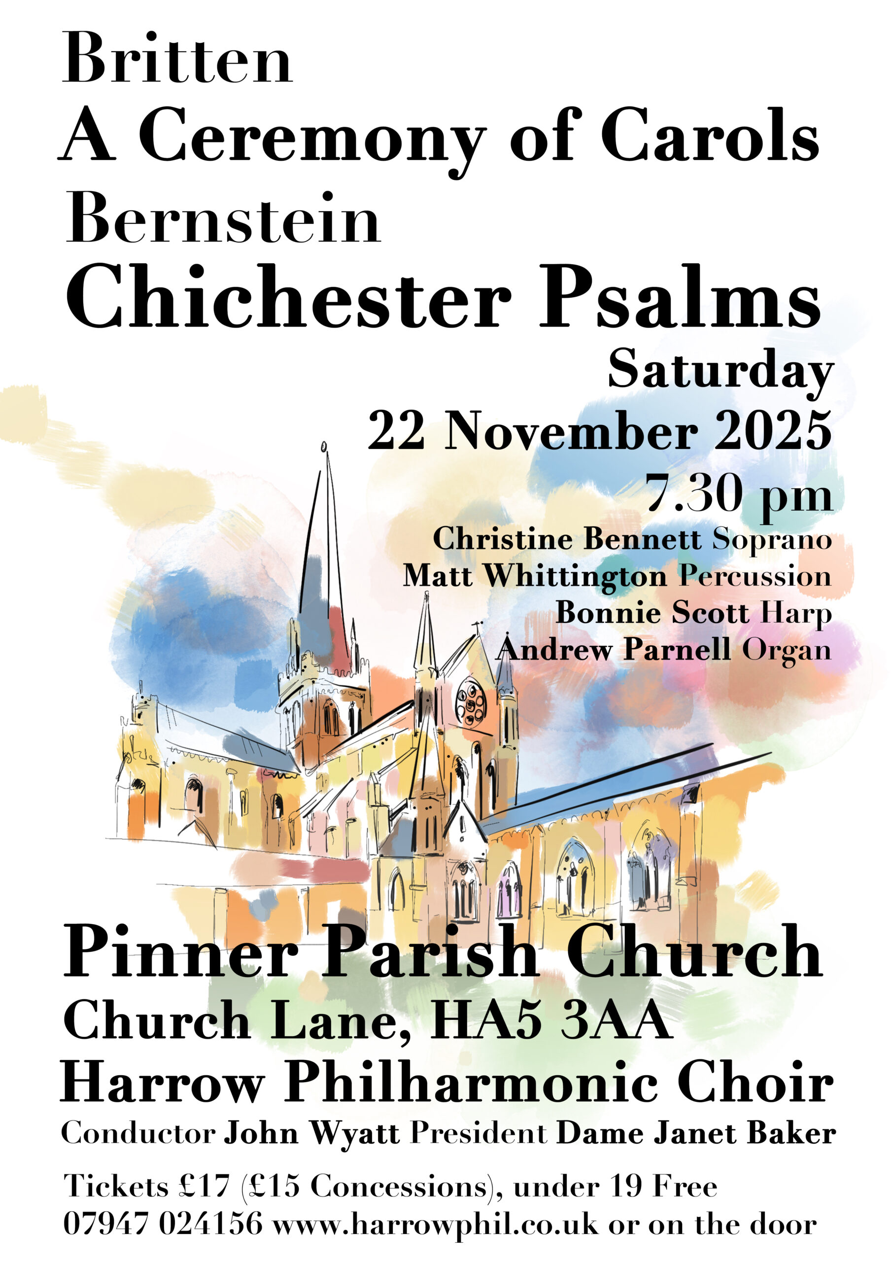 Flyer for Chichester Psalms 22 Nov 7.30pm at Pinner Parish Church